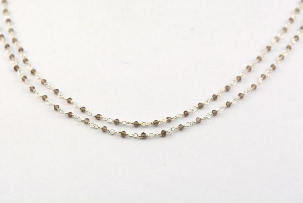Handcrafted 925 Sterling Silver Gold Round Ball Shape Rosary Chain In Smoky Quartz, 2mm - Sold By Foot, ROS2-5165