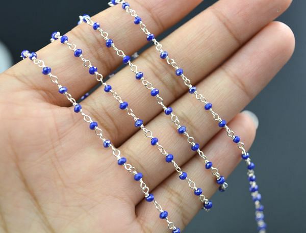  Dark Blue Coated Silver Gold Rosary Chain in 925 Sterling Silver, 2mm - Sold By Foot, ROS2-5169