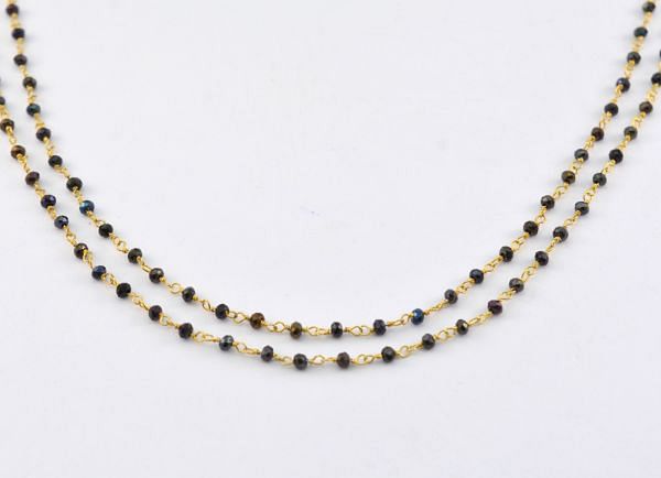 Lovely 925 Sterling Silver Gold Rosary Chain With Mystik Blue Stone in 2mm Size - ROS2-5175