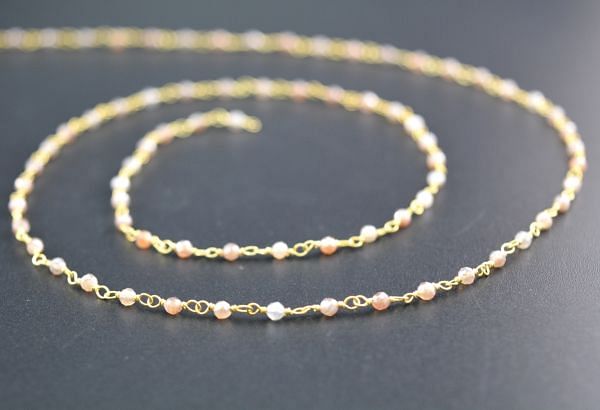 Peach moonstone 925 Sterling Silver Gold Rosary Chain in Round Shape, 2mm - Sold By Foot, ROS2-5180