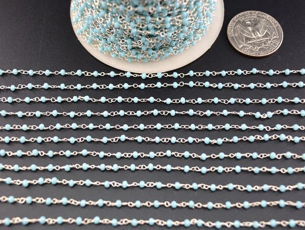 Handcrafted 925 Sterling Silver Gold Rosary Chain Studded With  Aqua chalcedony Stone -2mm ,ROS2-5184