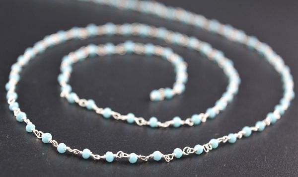 Handcrafted 925 Sterling Silver Gold Rosary Chain Studded With  Aqua chalcedony Stone -2mm ,ROS2-5184