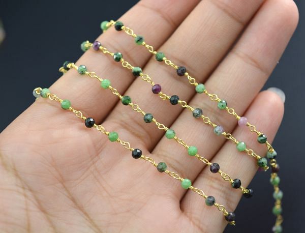Lovely 925 Sterling Silver Gold  Rosary Chain With zoisite Stone - 2mm, Sold By Foot, ROS2-5188