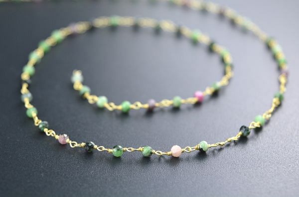Lovely 925 Sterling Silver Gold  Rosary Chain With zoisite Stone - 2mm, Sold By Foot, ROS2-5188