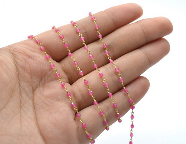 Handmade 925 Sterling Silver Gold Round Shape Rosary Chain With Hotpink Jade , 2mm -  Sold By foot, ROS2-5191 