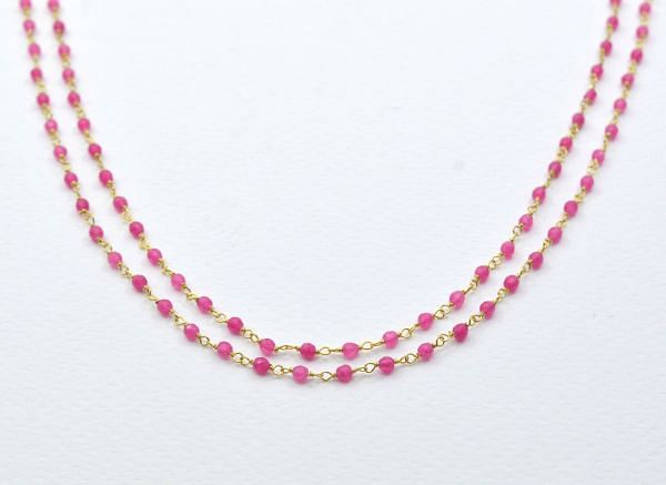 Handmade 925 Sterling Silver Gold Round Shape Rosary Chain With Hotpink Jade , 2mm -  Sold By foot, ROS2-5191 
