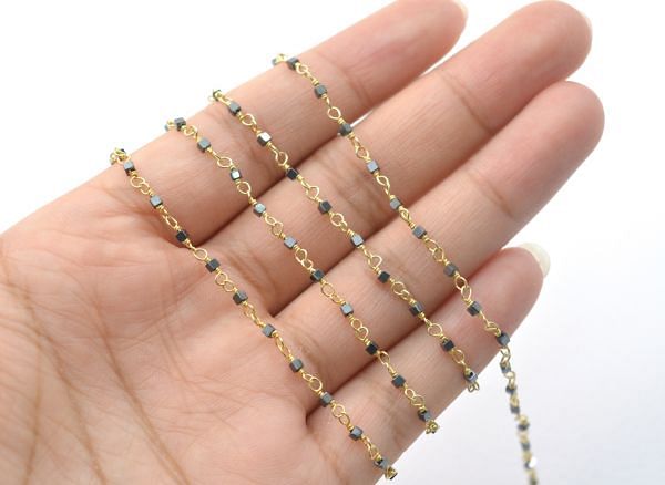 Handcrafted 925 Sterling Silver Gold Rosary Chain With Hematite Stone in Square Shape - 2mm, Sold By Foot, ROS2-5195