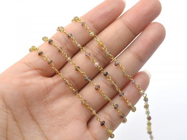 925 Sterling Silver Gold  Rosary Chain With Tunduru Sapphire Stone in 2mm - Sold By Foot, ROS2-5200
