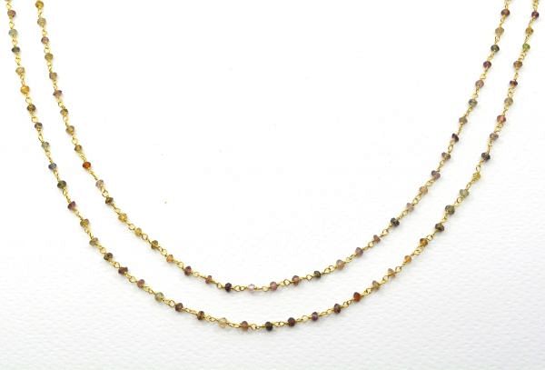 925 Sterling Silver Gold  Rosary Chain With Tunduru Sapphire Stone in 2mm - Sold By Foot, ROS2-5200