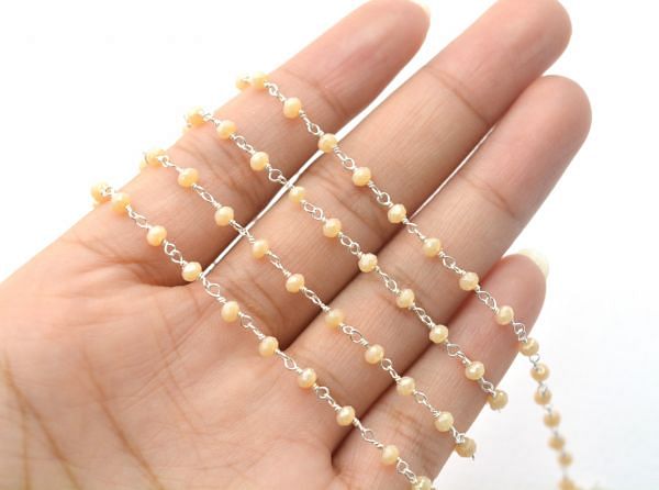 925 Sterling Silver Gold Rosary Chain Studded With Peach Chalcedony Coated Stone - 2mm, ROS2-5202 