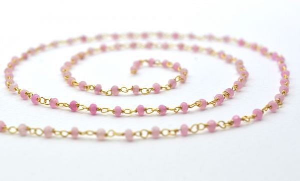 Gorgeous 925 Sterling Silver Gold Rosary Chain With Pink Jade Stone in 2mm Size - Sold By Foot, ROS2-5206