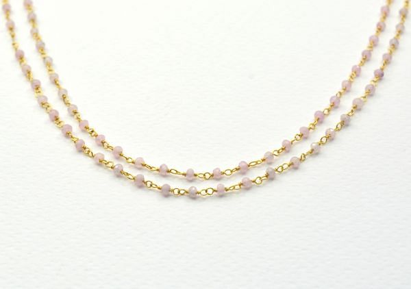 Handmade  925 Sterling Silver Gold Rosary Chain Studded With Rose Quartz Jade - 2mm , Sold By foot, ROS2-5208