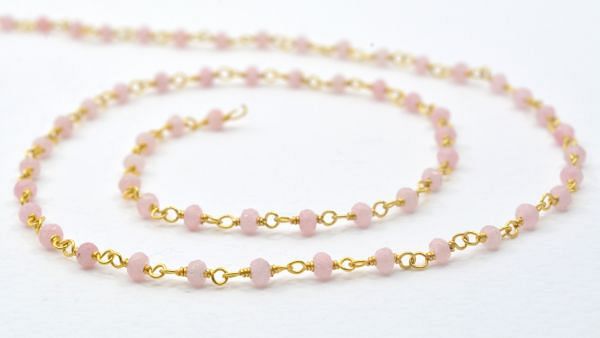 925 Sterling Silver Handmade  Wire Wrapped Rosary Chain-Pink Opal Jade Round Shape 2mm Gold Plated Running  Chain -Sold By Foot, ROS2-5210