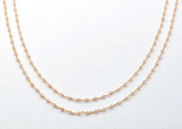 925 Sterling Silver Handmade  Wire Wrapped Rosary Chain-Pink Opal Jade Round Shape 2mm Gold Plated Running  Chain -Sold By Foot, ROS2-5210