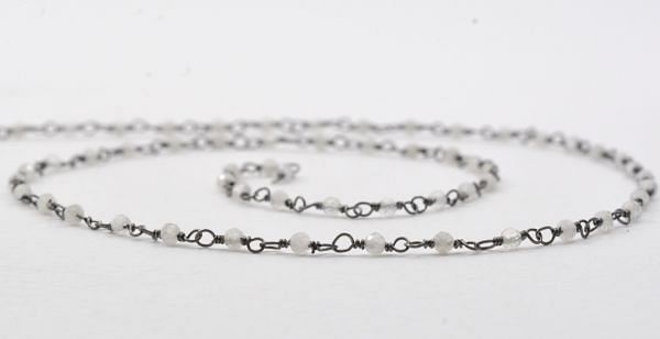 Handmade 925 Sterling Silver Gold Rosary Chain With Rainbow Moonstone in Round shape - 2mm,Sold By foot, ROS2-5219  