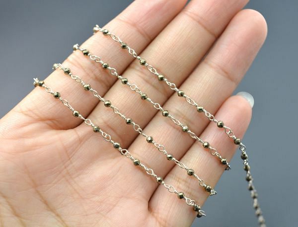 Handcrafted 925 Sterling Silver Gold Rosary Chain With  Pyrite in Round Shape, 2mm - Sold By Foot, ROS2-5222