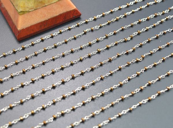 Lovely 925 Sterling Silver Rosary Chain Studded With Brown Pyrite Stone in 2mm Size - Sold By Foot, ROS2-522