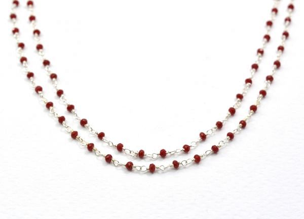925 Sterling Silver Gold Lovely Rosary Chain With Ruby Chalcedony Stone in 2mm, Sold By Foot, ROS2-5229