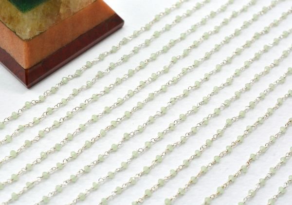 925 Gold  Sterling Silver Rosary Chain With Prehnite Chalcedony in 2mm , Sold By Foot, ROS2-5231