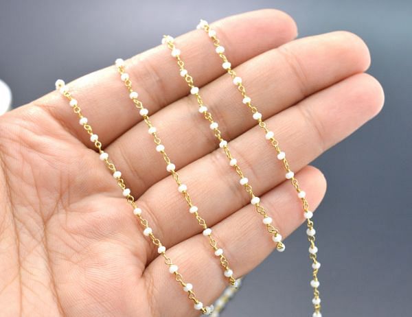 925 Sterling Silver Gold Handcrafted Round Shape Rosary Chain With White Chalcedony Stone - 2mm,Sold By Foot, ROS2-5233   