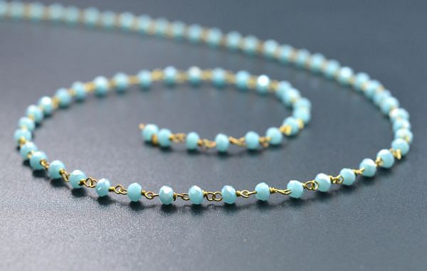 Handcrafted 925 Sterling Silver Gold Roundel Shape Rosary Chain With Aqua Chalcedony Coated Stone - 3mm,Sold By Foot, ROS2-5240