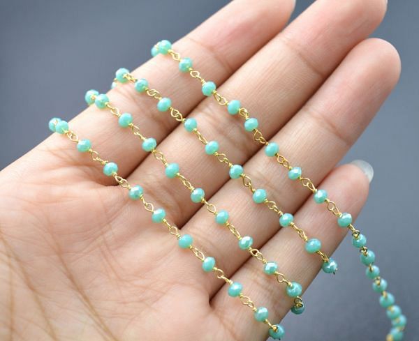 Amazing 925 Sterling Silver Gold Rosary Chain With Amazonite Chalcedony Coated Stone - 3mm, ROS2-5241