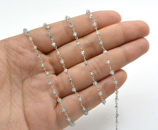 925 Sterling Silver Roundel Shape Rosary Chain With Aqua Stone in 3.50 mm Size - Sold By Foot, ROS2-5250