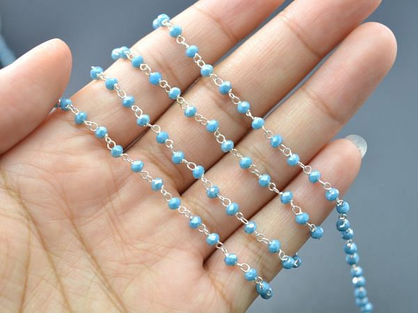925 Sterling Silver Gold Rosary Chain in Light Apatite Chalcedony Coated Stone - 3.00mm, Sold By foot, ROS2-5253