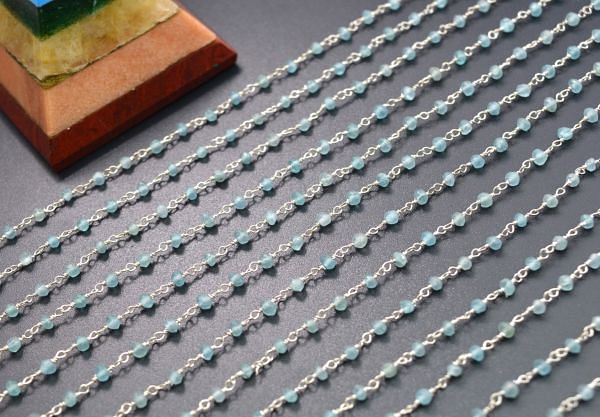 Stunning 925 Sterling Silver Gold Rosary Chain With Apatite Stone in 3mm Size -Sold By Foot, ROS2-5256  