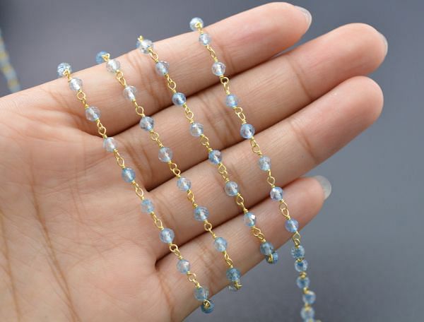 Wonderful 925 Sterling Silver Gold Rosary Chain With Swiss Blue Chalcedony Coated - 3mm,Sold By Foot, ROS2-5257