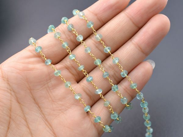 Beautiful 925 Gold Sterling Silver Roundel Shape Rosary Chain With Apatite Stone, 3mm -  Sold By Foot, ROS2-5258