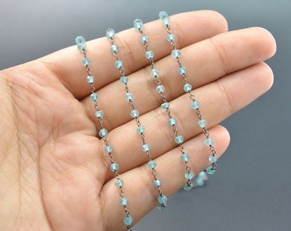 925 Sterling Silver Gold Rosary Chain Studded With Blue Apatite Stone in 3.50mm Size, Sold By Foot, ROS2-5261