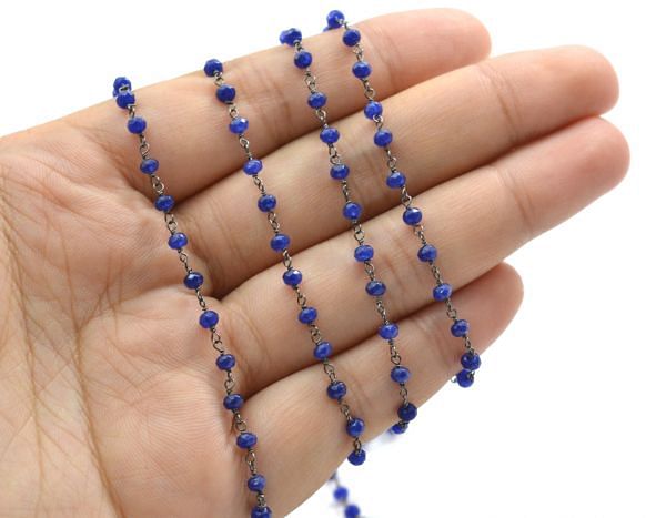 Amazing 925 Sterling Silver Rosary Chain With Blue Chalcedony Stone - 3mm,  Sold By Foot, ROS2-5263
