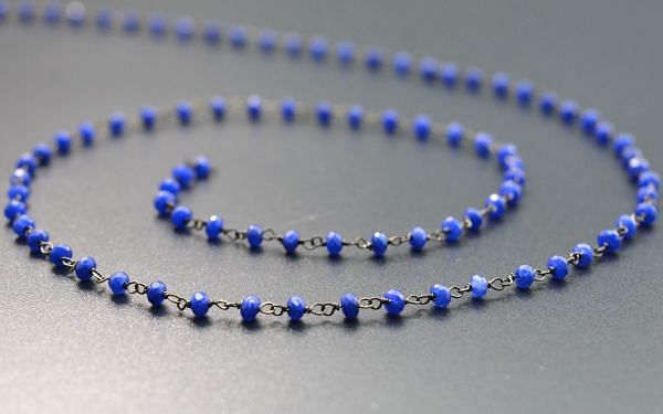 Handmade 925 Sterling Silver Gold Roundel Shape Rosary Chain -  Blue Chalcedony Stone(3mm),Sold By Foot, ROS2-5265   