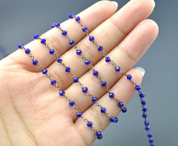 Beautiful 925 Gold Sterling Silver Rosary Chain in Dark Blue Chalcedony Stone - 3mm,Sold By Foot, ROS2-5266  
