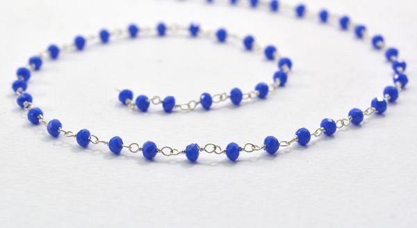 925 Sterling Silver Gold Amazing Rosary Chain in Light Blue Chalcedony Stone - 3mm,Sold By Foot, ROS2-5271 