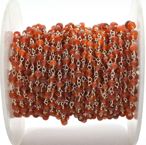 Beautiful 925 Gold Sterling Silver Roundel Shape Rosary Chain in Carnelian Stone - 3mm, ROS2-5276