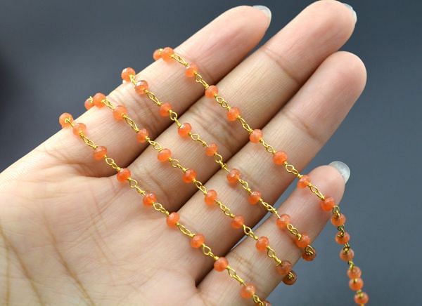 925 Sterling Silver Gold  Rosary Chain Studded With Carnelian Jade Stone in 3mm,Sold By foot, ROS2-5280 