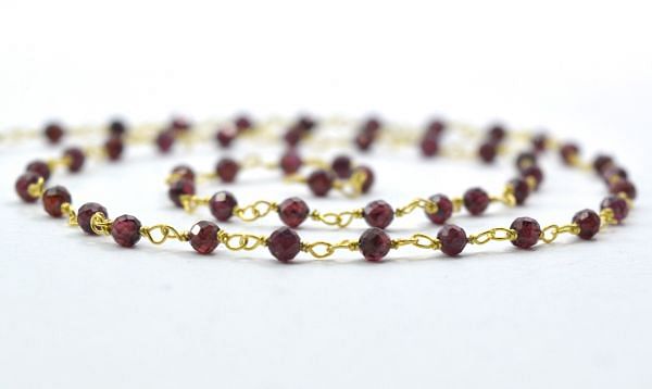 Gorgeous 925 Sterling Silver Gold Rosary Chain With Garnet Stone - 3mm,Sold By Foot, ROS2-5285