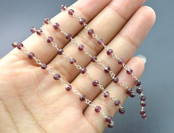 925 Sterling Silver Gold Amazing Rosary Chain With Garnet in 3mm Size - Sold By Foot, ROS2-5289