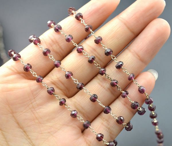 925 Sterling Silver Gold Garnet Stone Rosary Chain in 3.50mm Size -Sold By Foot, ROS2-5290