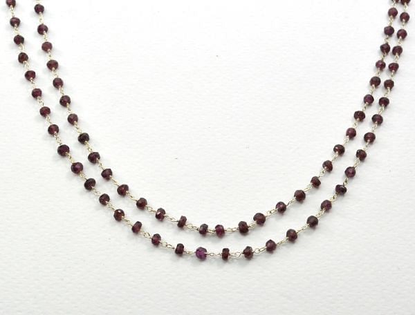 925 Sterling Silver Gold Garnet Stone Rosary Chain in 3.50mm Size -Sold By Foot, ROS2-5290