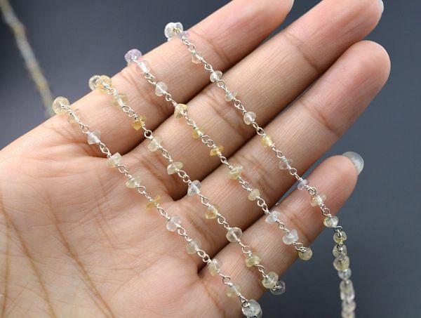 Impressive  925 Sterling Silver Gold Rosary Chain Studded With Mix Quartz - Sold By Foot, ROS2-5292