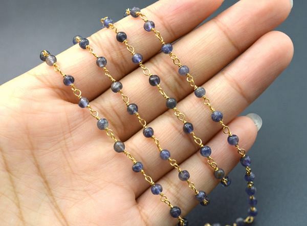 Lovely 925 Sterling Silver Gold Rosary Chain With Iolite Stone in Round Shape - 3mm, Sold By Foot, ROS2-5297