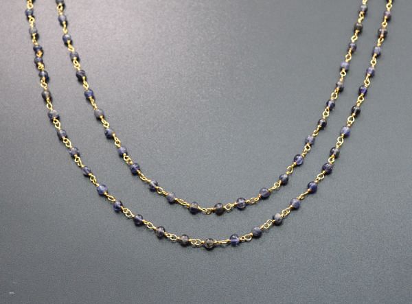 Lovely 925 Sterling Silver Gold Rosary Chain With Iolite Stone in Round Shape - 3mm, Sold By Foot, ROS2-5297