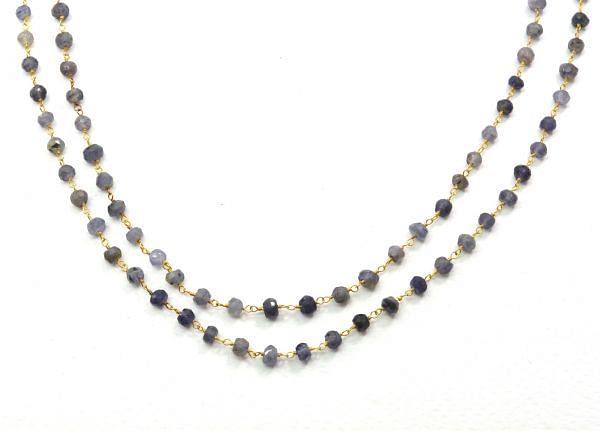 Amazing 925 Sterling Silver Gold Rosary Chain With Iolite Stone in 4mm Size - Chain-Sold By Foot, ROS2-5303