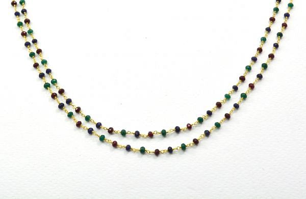 925 Gold Sterling Silver Rosary Chain -  Multi Emerald, Ruby, Sapphire(3mm),Sold By Foot, ROS2-5305