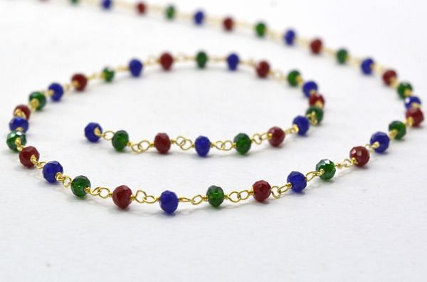 Amazing 925 Sterling Silver Rosary Chain With Multi Emerald, Ruby, Sapphire in 3mm Size - Sold By Foot, ROS2-5307