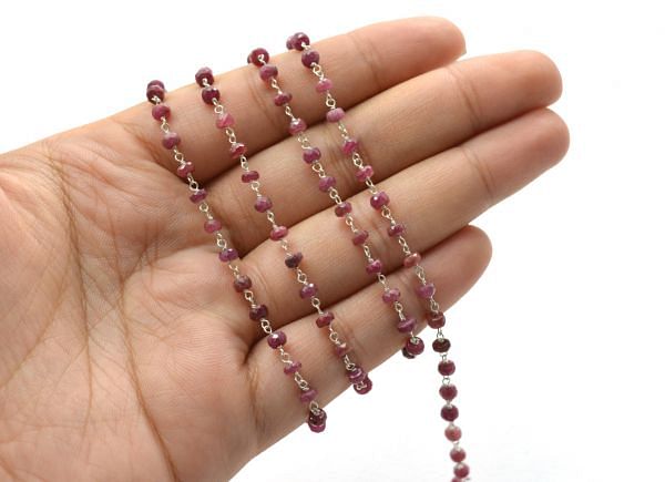 925 Sterling Silver Gold Rosary Chain With Roundel - Ruby Stone(3.50mm), Sold By foot, ROS2-5311