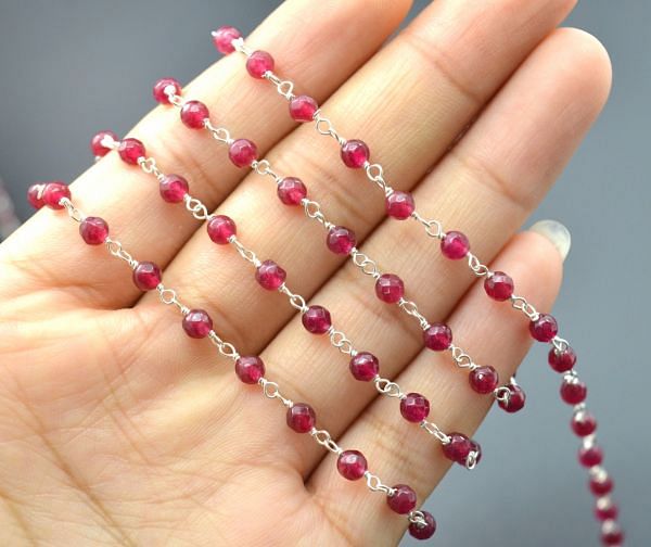 Amazing 925 Sterling Silver Gold  Rosary Chain With Ruby Chalcedony Stone in 3.50mm Size - Sold By Foot, ROS2-5315